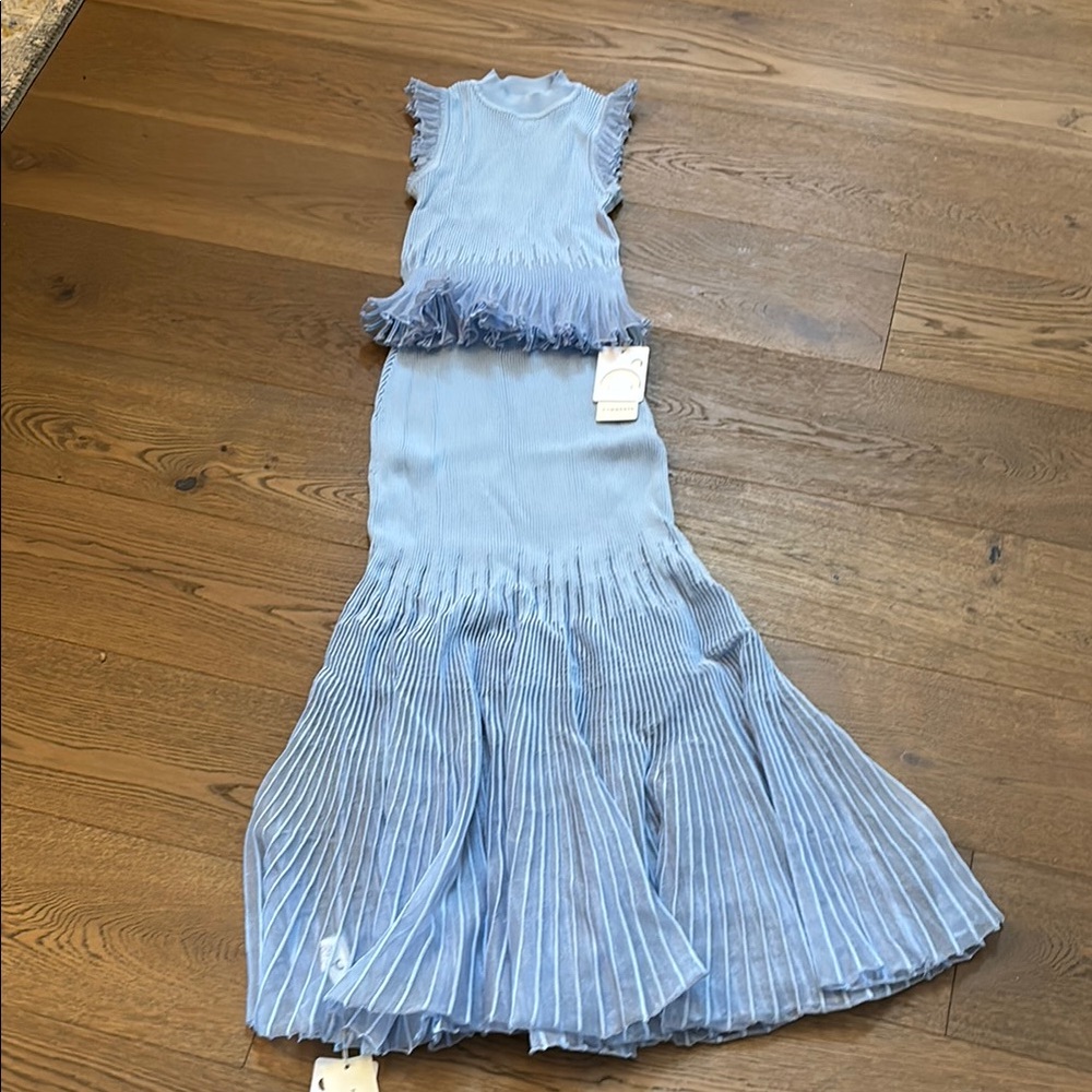 Commense Sky Blue Pleated Midi Skirt